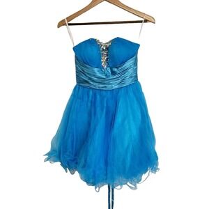 Fabuluxe Couture Turquoise Rhinestone Tulle Strapless Cocktail Prom Dress Medium
